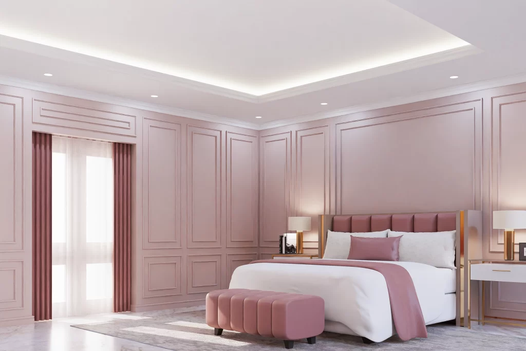 Quarto decorado com Sanca de Gesso moderna e iluminação embutida em Blumenau.