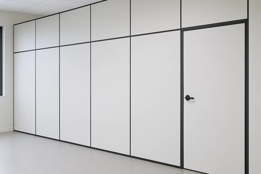 Divisórias para escritório em painel branco com acabamento preto.