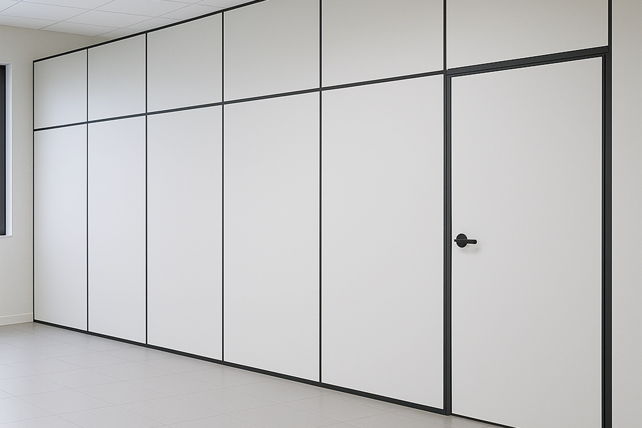 Divisórias para escritório em painel branco com acabamento preto.